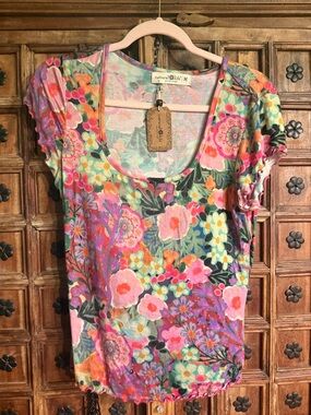 NATURAL LIFE Pink & Multicolor Floral Scoop Neck Short Sleeve Top